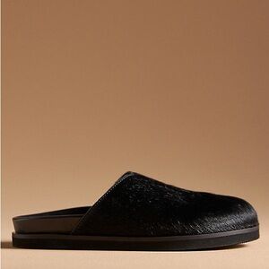 Anthropologie Black Faux-Hair Slip-On Mules